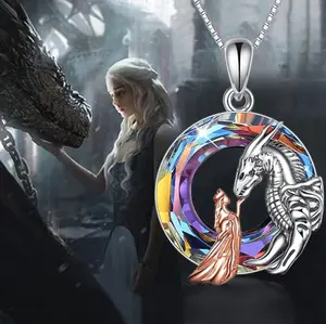 Exquisite Blue Crystal Charm Princess & Dragon Pendant Necklace - 20"