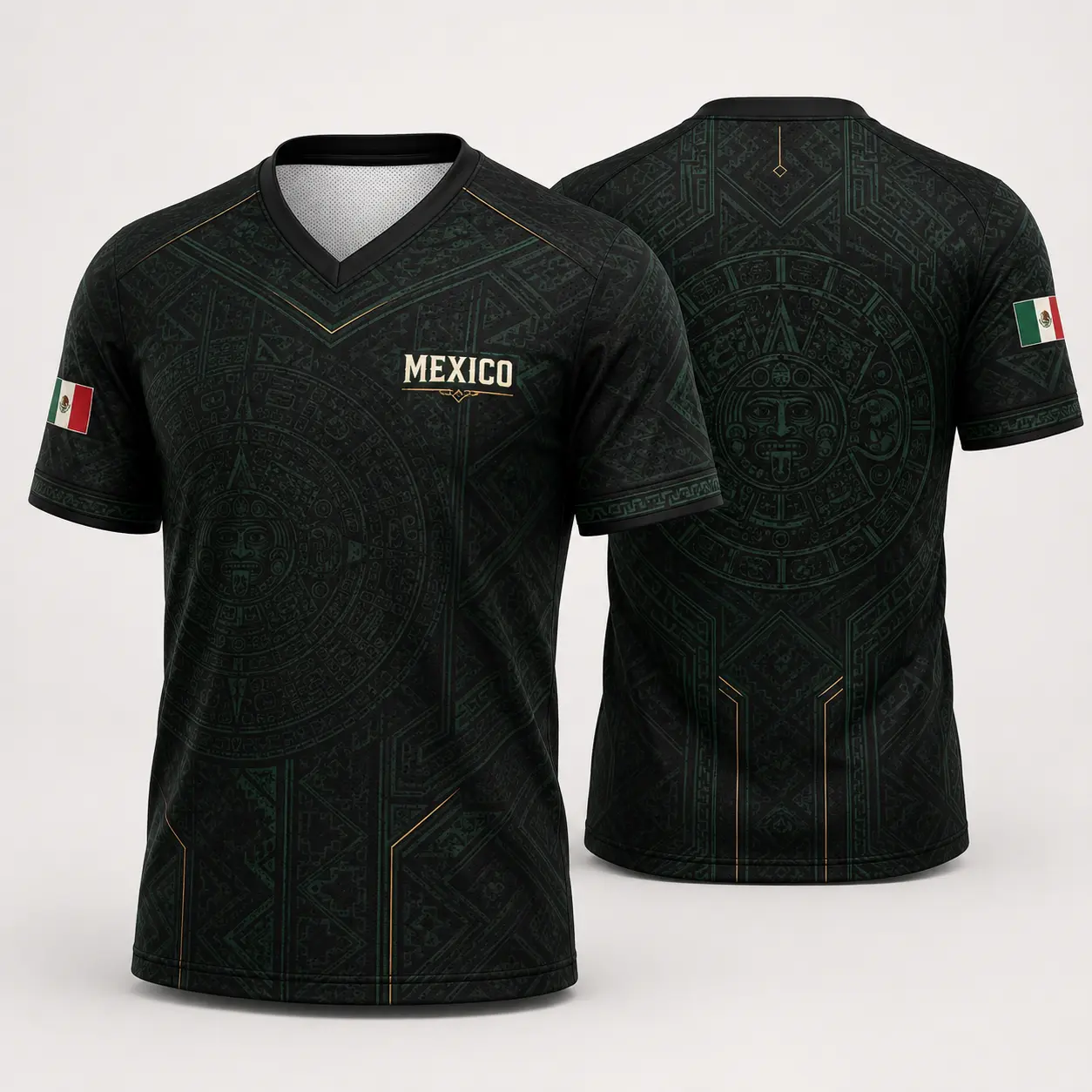 Mexican-Inspired Black Green Sun Stone V-Neck Graphic Shirt, Subtle Geometric Pattern Short Sleeve Sports Top, Cultural Casual Shirt for Men