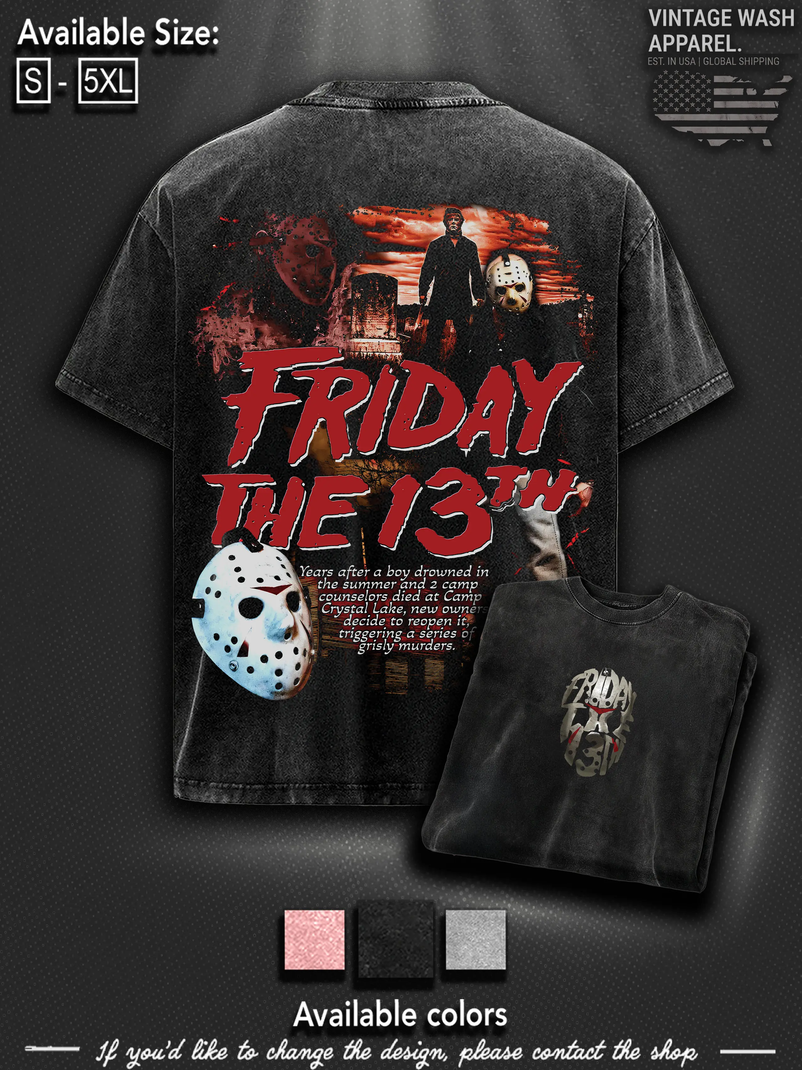 Friday the 13th Horror Movie Washed T-shirt, Horror Halloween TShirt, Jason Voorhees Shirt, Scary Movie, Streetwear, Men Gifts