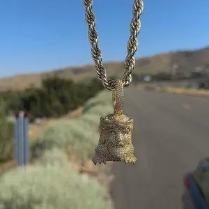 Gold Plated Iced Out Jesus Peace Necklace, 24-Inch 10mm Thick Rope Chain