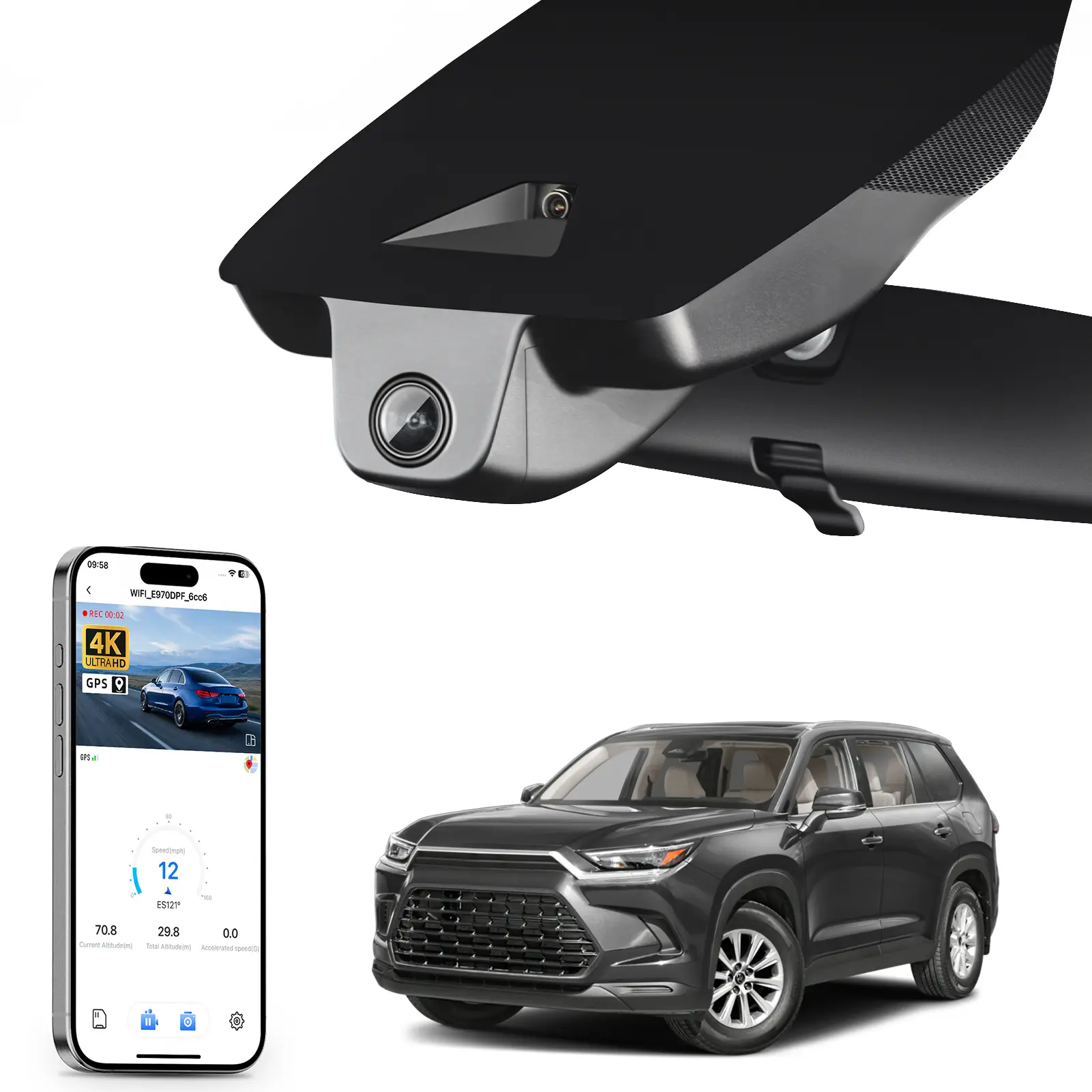 Mangoal 4K Dash Cam Custom fit for Toyota Grand Highlander & Hybrid 2024 2025 2026, XLE Limited Platinum etc, built-in gps, wifi night vision