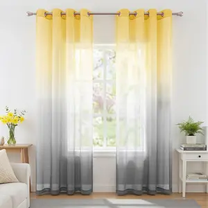 KOUFALL Yellow Sheer Curtains 84 Inches Long for Living Room, Summer Decor Grommet Ombre Printed Pattern Curtains for Bedroom Dining Room 84 Inch Length 2 Panels Set, Yellow and Grey