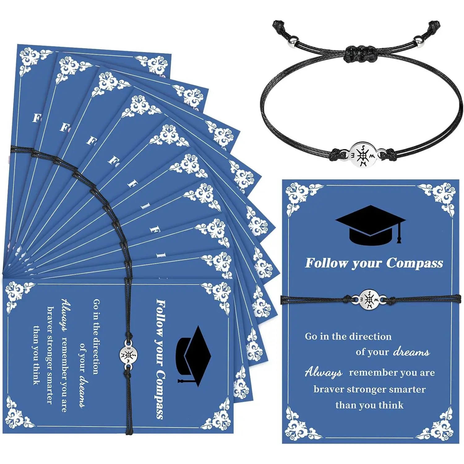 10 Pcs 2026 Graduation Gifts Adjustable Compass Bracelets with Blessing Cards Class of 2026 Senior Night Gifts for College University Middle High School Student Grad Present