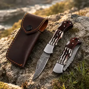 Personalized Damascus Folding Knife – Rosewood & Horn Handle Pocket Knife with Custom Engraving & Leather Sheath