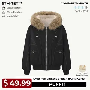 PUFFIT STM-TEX Faux Fur Lined Waterproof Bomber Jacket With Faux Fur Collar Hood,Elegant And Sophisticated,Enhances Warmth, Providing A Soft,Beautiful And Warm, Offering Both Style And Practicality,Y2K Style