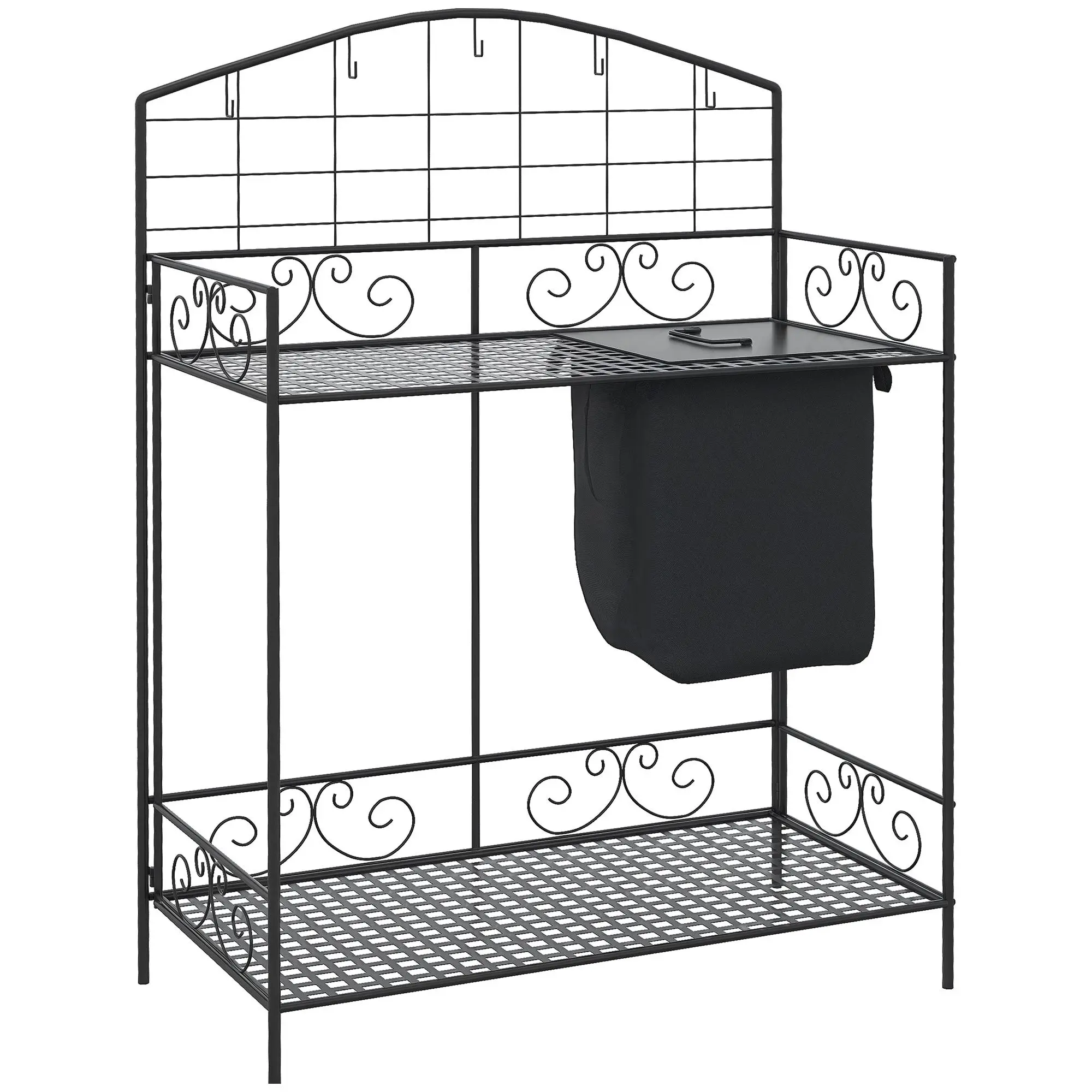 Outsunny Sturdy Metal Foldable Potting Bench Table - 33.5" L x 17" W x 47.25" H Ergonomic 2-Layer Comfortable Gardening Workstation, 5 Hanging Hooks, Built-In Covered Bag, Storage Shelf, 66lb Max Load, Easy Planting Patio Station, Assembly Required, Nicke