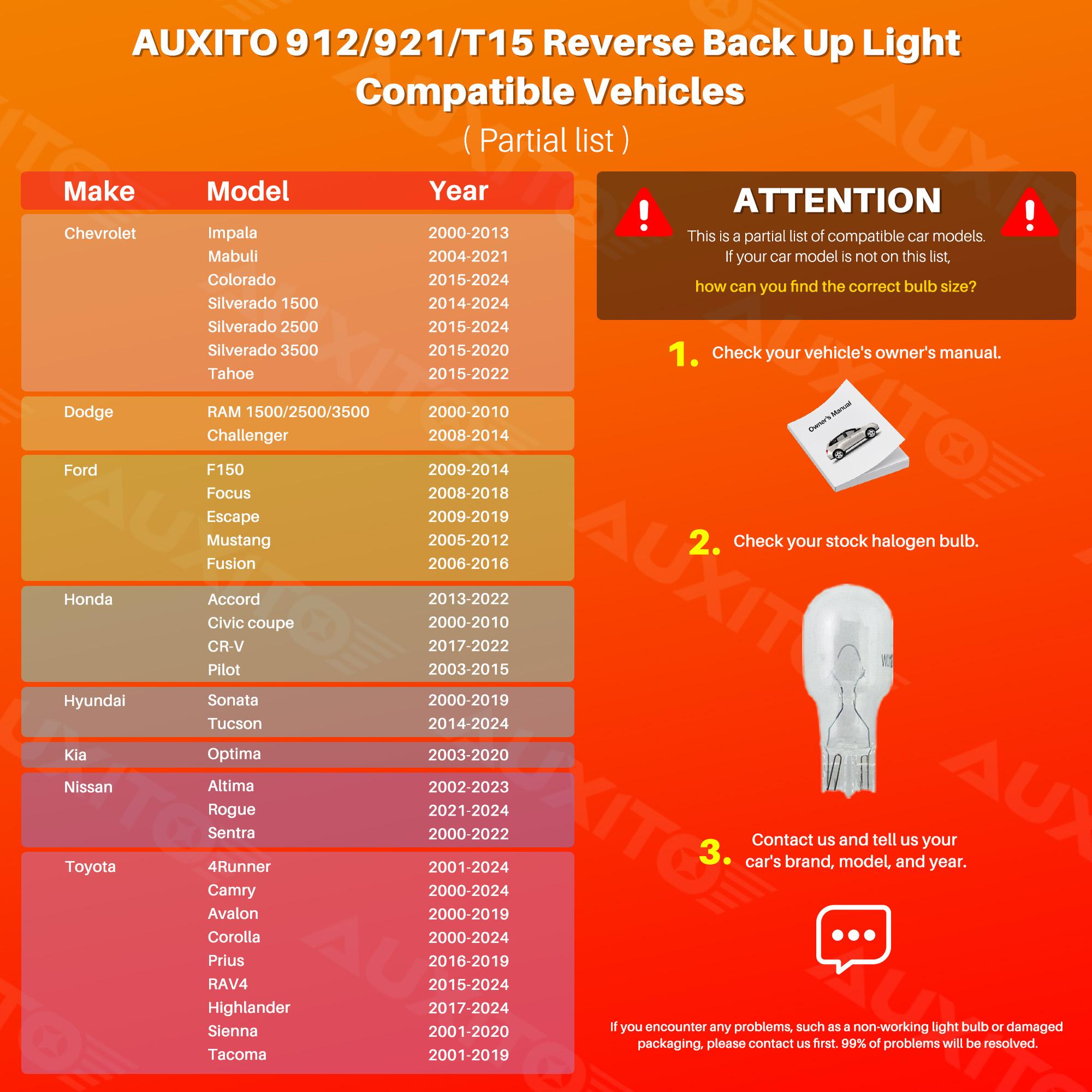 AUXITO 912 921 LED Bulb Reverse Light Bulb 6500k White, 906 922 W16W T15 LED Backup Light Bulb, 2400LM 400% Brighter Mini Size Non-polarity CANBUS Error Free Plug and Play LED Light Bulb, Pack of 2