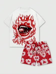 Two-Piece Set Men's Fire Lip Graphic Print Short Sleeve Crop Tee & Drawstring Waist Shorts Set, Athletic Shorts Set, Regular Fit Casual Fashion Round Neck T-shirt & Shorts, Summer Clothes Set for Men Menswear