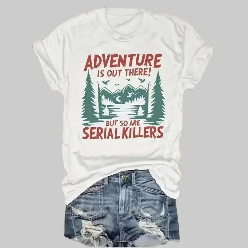 Women's Retro Cotton Fabric Crew Neck Short-Sleeve Humor Graphic Tee - "Adventure Is Out There!" Mountain Lakes Print, Relaxed Loose-Fit Summer Top, Machine Washable, Outdoor Enthusiast Apparel, Soft
