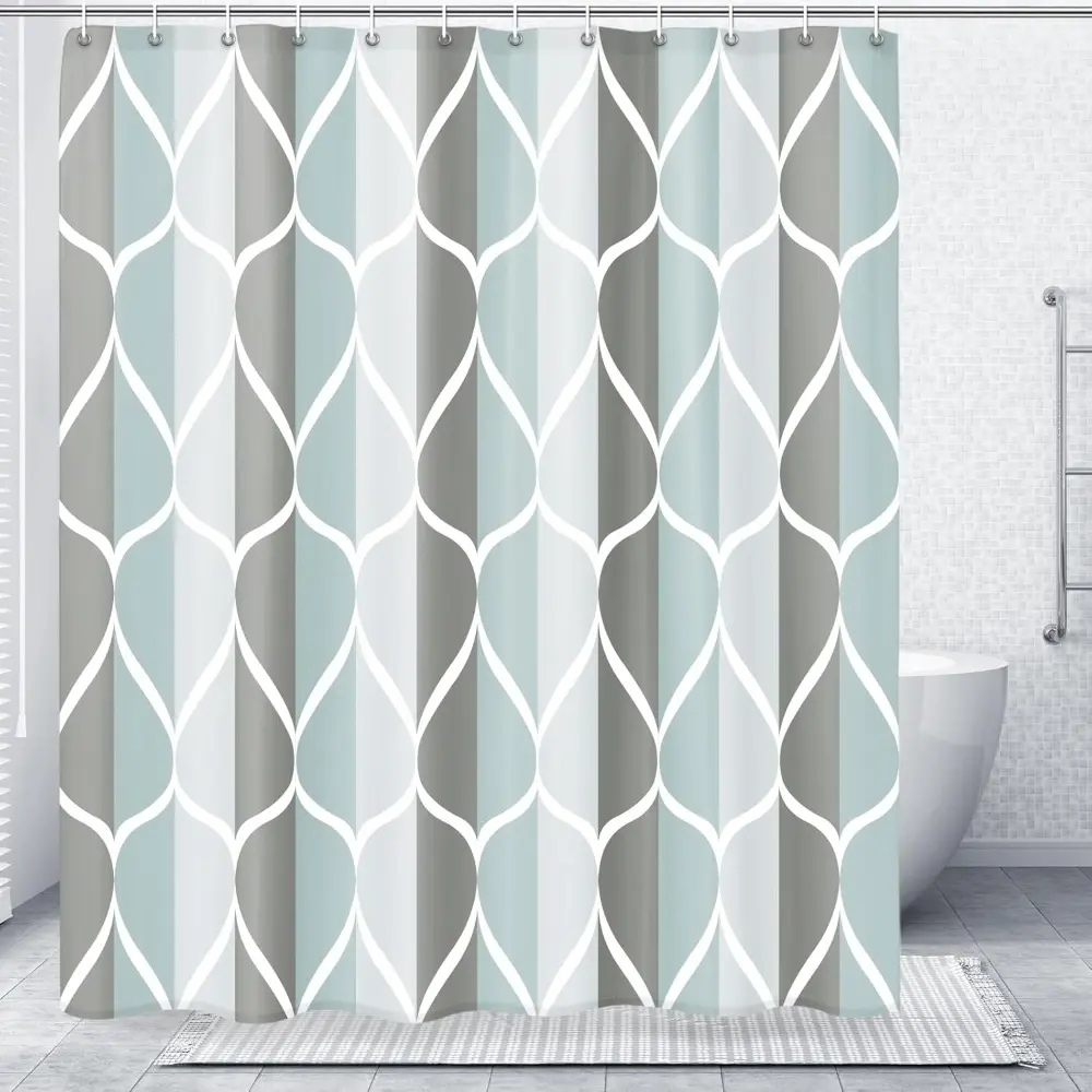 Geometric Gingham Waterproof Polyester Shower Curtain Set for Bathrooms & Hotels - Decorative Bathroom Curtains Shower, 12/24 Hooks Included, Quick Button Installation, Resistant, Shower Curtains