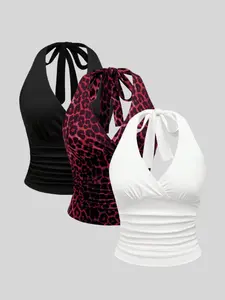Women's Leopard Print Tie-Back Fitted Vest Set, Spring Summer Cool Style, Pure Color Three-Piece, Casual Fashion