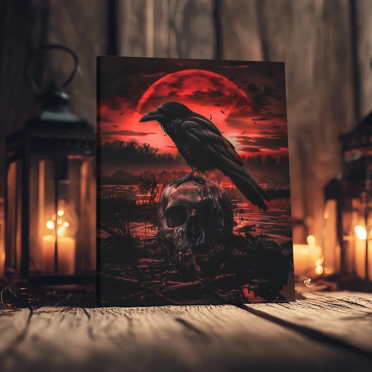 1 Count Wooden Framed Canvas, Wood Wall Art, Home Wall Decor, Crow and Skull Dark Poster, Halloween Decorative Poster, Horror Poster Party Hanging Picture, Modern Art Design For Living Room, Bedroom, Family Decoration, Ideal Gift, Waterproof, Print