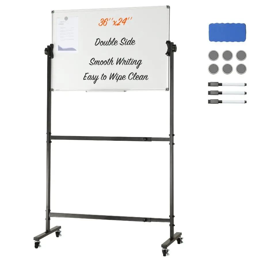 【Summerfinds】 VEVOR Rolling Magnetic Whiteboard, Double-sided Mobile Whiteboard 36x24 Inches, Adjustable Height Dry Erase Board with Wheels, 1 Magnetic Erase 3 Dry Erase Markers Movable Tray Office, Schooldealsforyoudays