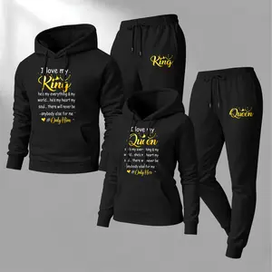 Couple's King & Queen Print Hooded Sweatshirt and Drawstring Sweatpants Set, Casual Sportswear, Long-Sleeve Hooded Jacket and Pants, Suitable for Autumn, Winter, and Spring, Everyday Wear, Tracksuit, Casual Athletic Wear