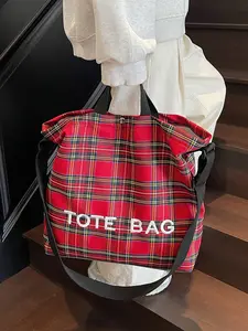Retro red plaid letter tote bag, classic red fashion simple and versatile single shoulder bag, simple classic design  trend elements, lightweight and portable, suitable for daily commuting shopping and dating, etc.