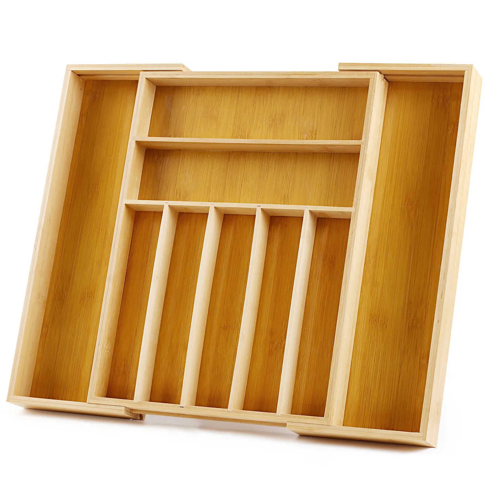 Bamboo Kitchen Drawer Organizer Tray, Adjustable 7-9 Slots Silverware Cutlery Flatware Utensil Holder, Multi Compartment In-Drawer Flatware Storage Organizer for Kitchen Spoons Forks Knives Gadgets