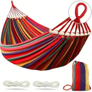 Double Camping Hammock 660lb Capacity, Thickened Wide Canvas with Curved Wooden Spreader Bars, Portable Outdoor Hammock for Patio, Balcony & Travel