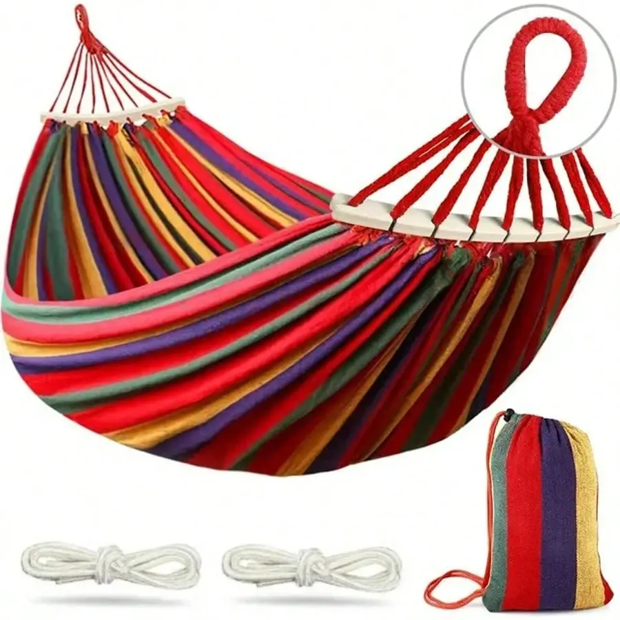 Double Camping Hammock 660lb Capacity, Thickened Wide Canvas with Curved Wooden Spreader Bars, Portable Outdoor Hammock for Patio, Balcony & Travel