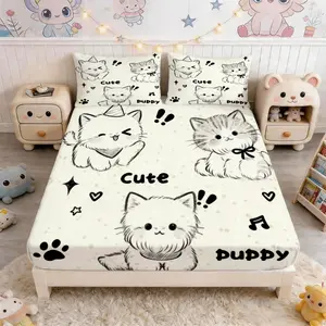 Cute Sketch Cat Fitted Sheet Set, 3 Pieces, Coquette Aesthetic Bedding, Smooth Microfiber Fabric, Without Pillow Inserts, Ideal for Bedroom/Teen Room/Dorm Decoration, Great Holiday Gift Option