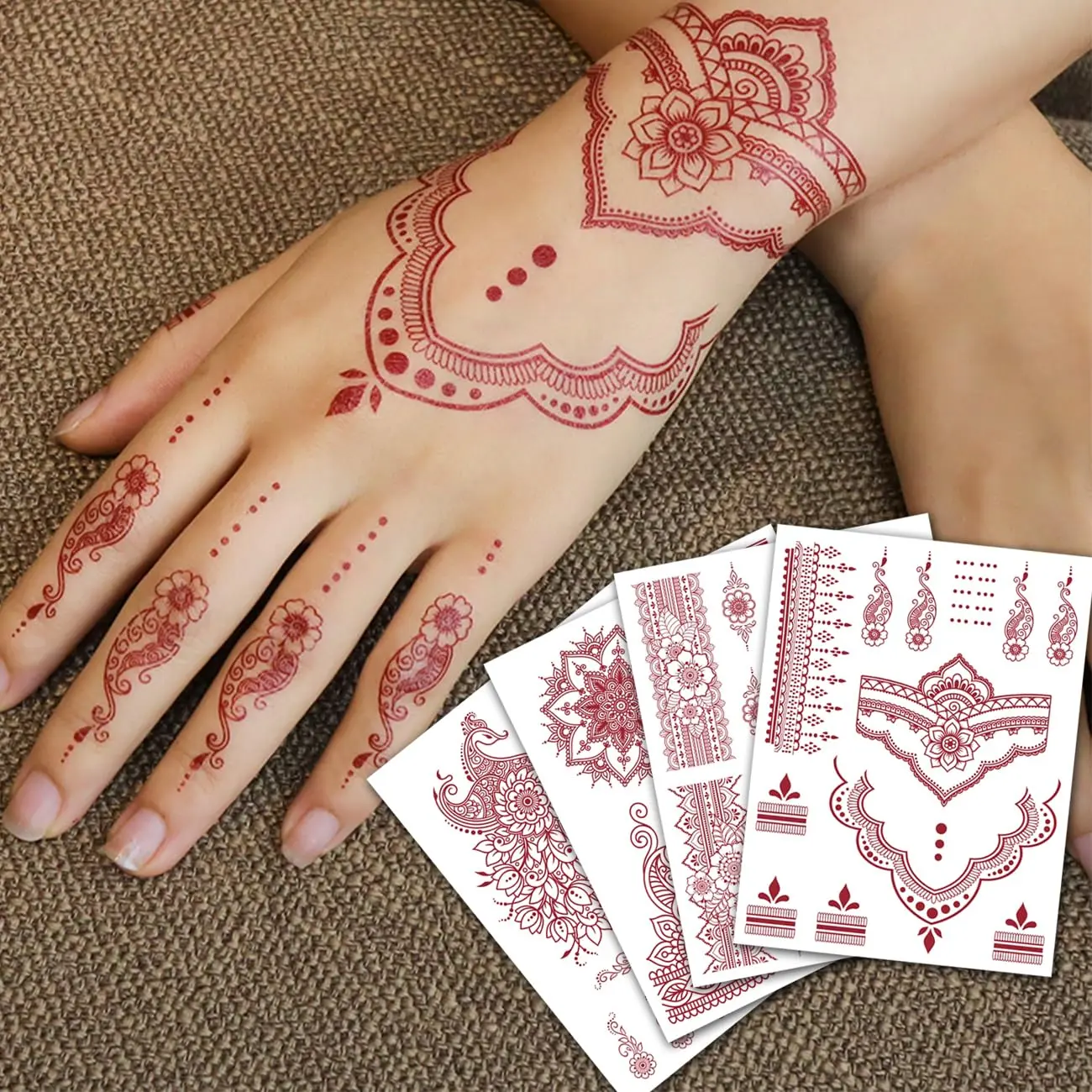 12 Sheets Henna Tattoos for Women - Waterproof Brown Henna Tattoo Stickers for Women Wedding Party Peacock Lotus Henna Stickers Body Art cohesive tattoos