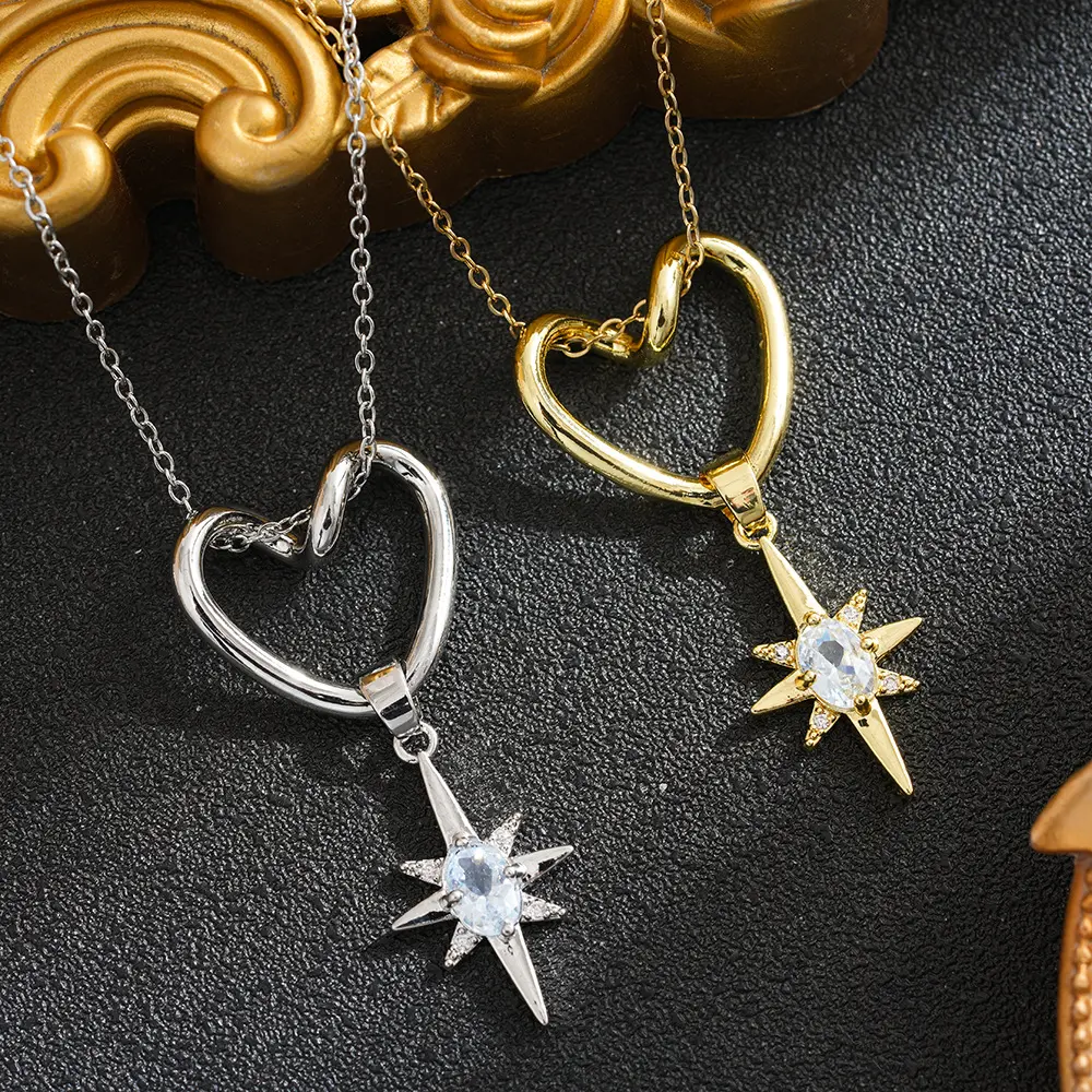 Women's copper inlaid zircon hollow heart hexagram necklace pendant versatile high-end accessory