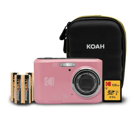 Kodak PixPro FZ45 Compact Portable Mini Pocket Camera - 16MP, Adjustable Lens, Button-Operated, Pink, AA Battery, 128GB SD Card, Shoulder Strap, Belt Loop, Protective Case, Automatic, 2.7" Bright Screen