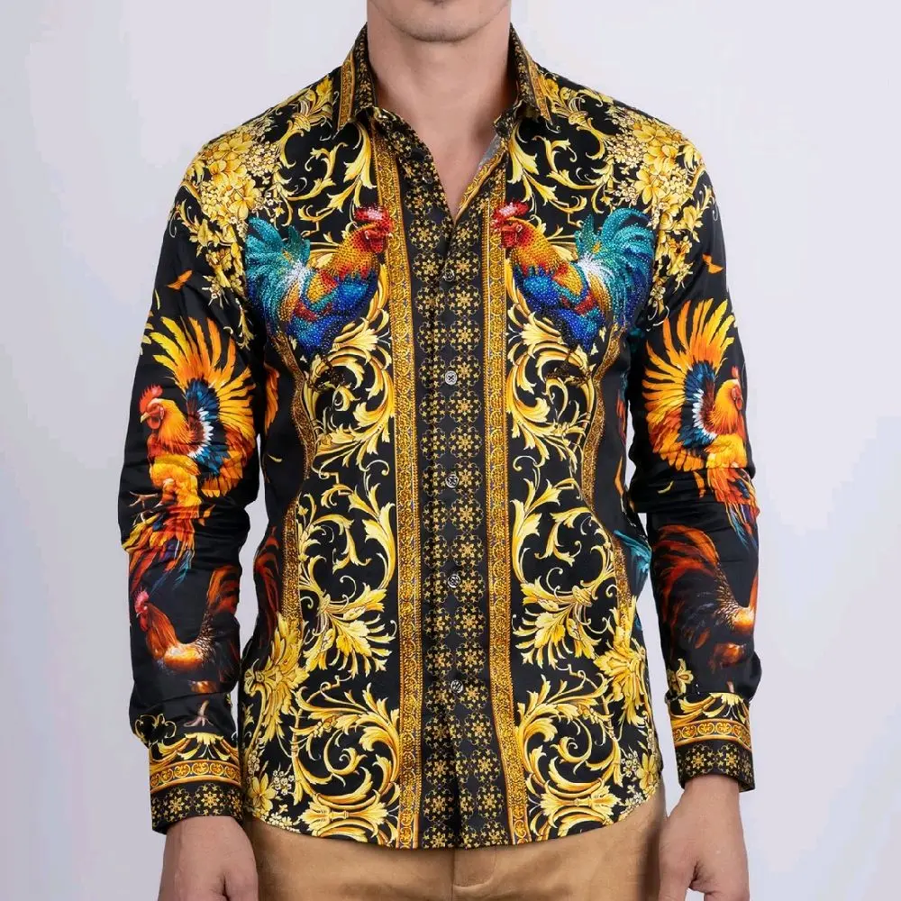 Barabas Men's Black and Gold Rooster Rhinestone Long Sleeve Button Up Dress Shirt Menswear Top with Vibrant Rooster Motif