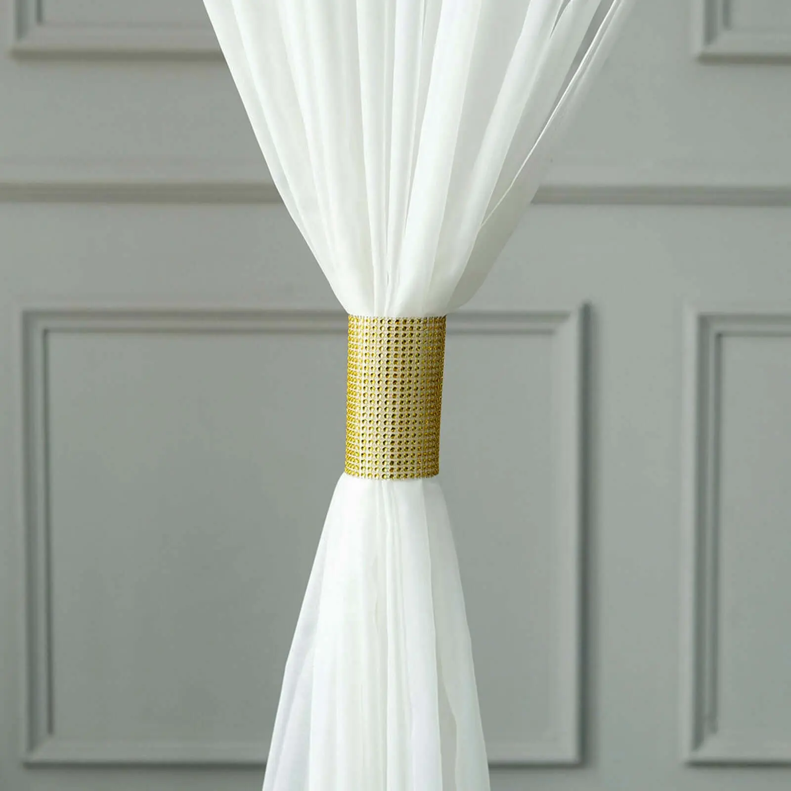 4-Pack Gold Large Rhinestone Mesh Velcro Chair Sash Clips - 5"X10" Curtain Tie Backs, Backdrop Curtain Bands for Bathroom, Dining Room, Kitchen, Birthday Gifts for Family