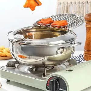 Deep Fryer Pot 304 Stainless Steel Wok with Oil Drip Drainer Rack for Kitchen French Fries Chicken 9-11 INCH Cooking Diameter Non-Wood Material Ideal for New Year Festival