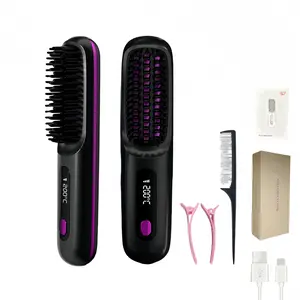 Hair Straightener Brush, Wireless Straight Hair Comb, Portable Straightening Brush with LED Display Screen, Anti-Scald Ceramic and 3 Temperature Adjust & USB Rechargeable, Black
