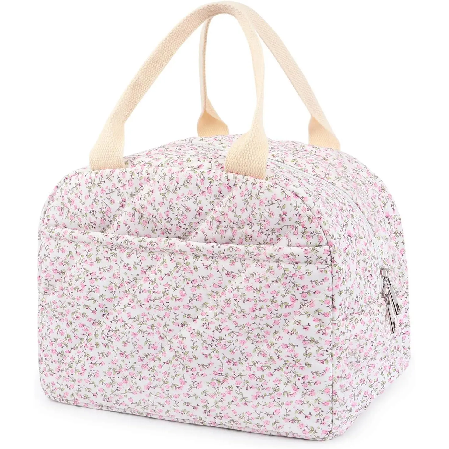 Cotton Quilted Insulated Lunch Bag, Cute Quilted Floral Lunch Tote Bags  Insulated Lunch Box  Aesthetic Large Capacity Insulated Cooler for Women Work Travel Picnic (Pink)