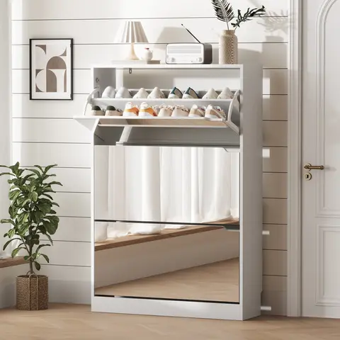 Freestanding Shoe Rack Organizer (Home Goods) - 3 Flip-Mirror Drawers, Hidden Handle Pull, Anti-Tip Stability, 9.45" Depth Entryway Fit, Wipe-Clean Finish, 18-24 Pair Storage, 47.24" Tall Reach, Slim Space-Saving Modern Unit for Hallway, Bedroom