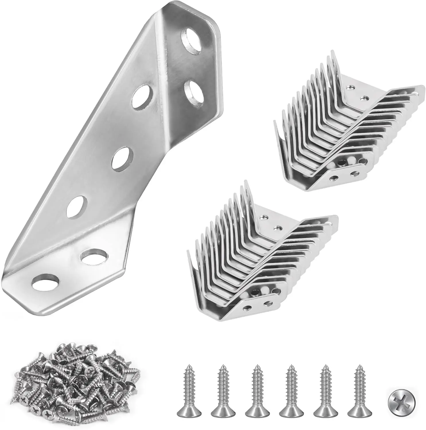 12-Pack Heavy Duty Stainless Steel L-Shape Corner Brackets, Reinforced Corner Mount Fasteners with Screws for Wood Furniture, Cabinets, Shelves
