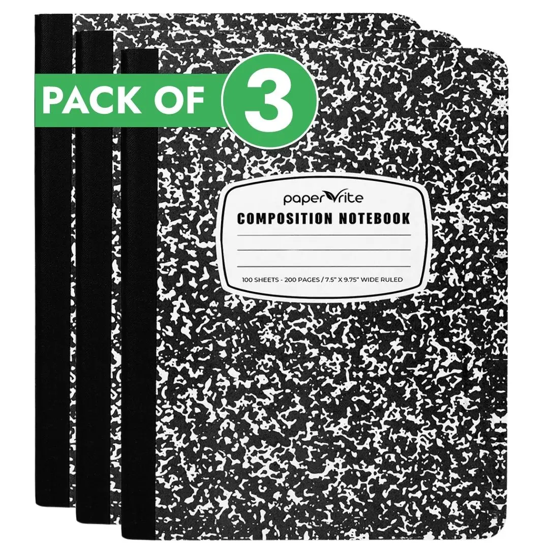 Paper Rite Wide Ruled Composition Notebook Black Marble | 100 Sheets | 9.75 x 7.5 Inches | Durable Sewn Binding for School & Office Use Pack of 3