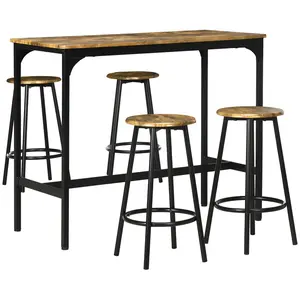 Five piece rustic brown counter height dining set with rectangular bar table and four round seat stools black metal frame fit home kitchen four person daily dining and family leisure gathering