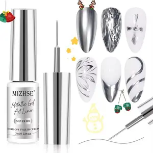 Metallic Silver Gel Liner Nail Art 3D Mirror Gel Paint Spider Drawing Line Polish,Glossy Painting Swirl French Nail Design Thin Brush Soak off Manicure Set for Nail Art