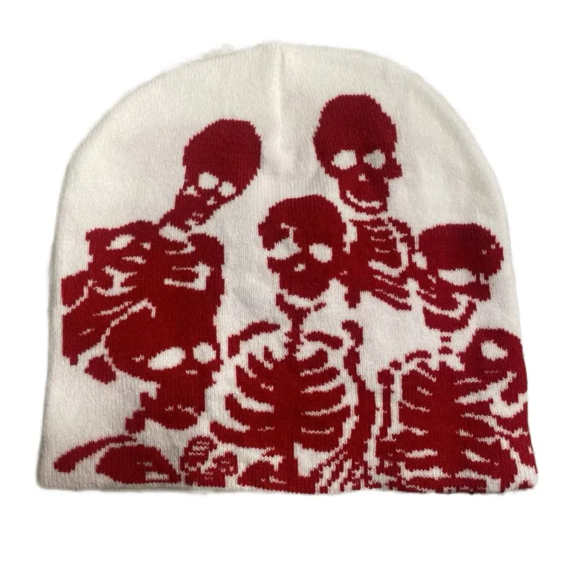 Beenies Hats Skully - Red Skull Design, White Fabric, Casual Headwear