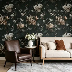 Peel & Stick Vintage Floral Wallpaper, Moody Dark Rose Print, Removable Waterproof Vinyl Mural, Easy to Clean, Dining Room & Home Office