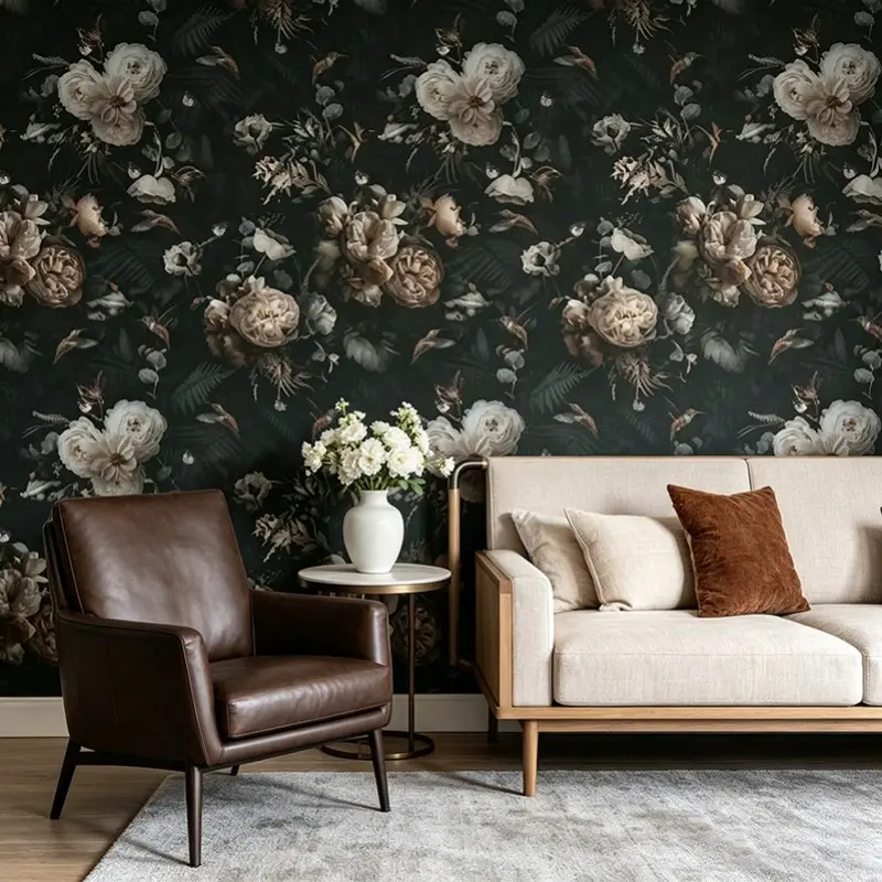 Peel & Stick Vintage Floral Wallpaper, Moody Dark Rose Print, Removable Waterproof Vinyl Mural, Easy to Clean, Easy Maintenance, Dining Room & Home Office, Accent Walls