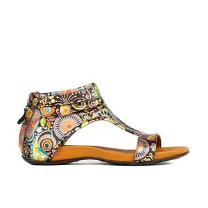 Downtown Navy & Pink Summer Sandal Leather Women Round Toe T-Strap Casual Walking Shoes Comfortable Footwear for Girls Nail Weight Pedal Parent