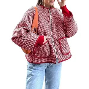 NewEbifin Womens Jackets Fall Fashion  Crew Neck Quilted Plaid Jacket Full Zipper Coats S-2XL Casual Long Sleeve Can be used with raincoat
