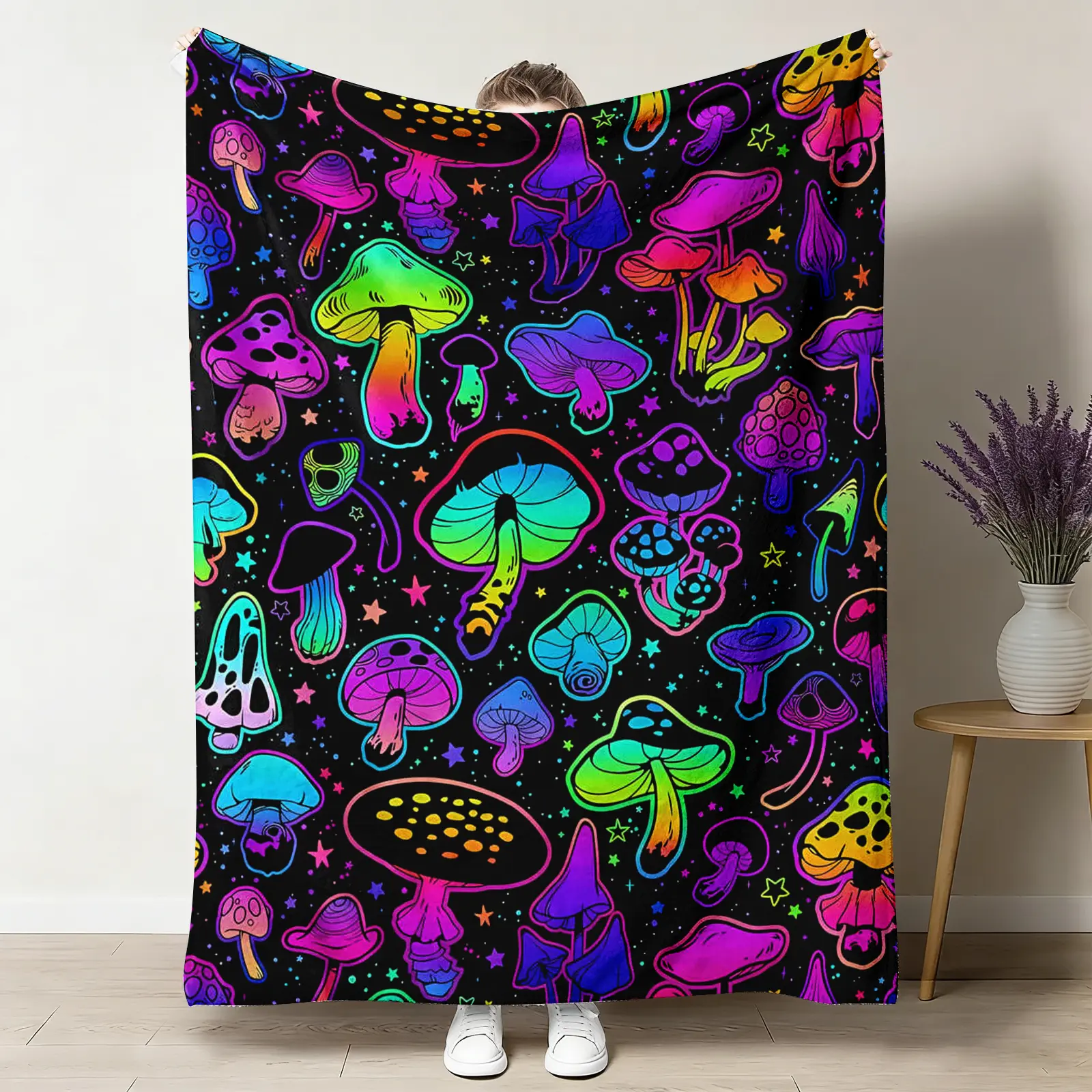 Neon Trippy Mushroom Flannel Throw Blanket, Ultra-Soft Plush Throw with Vibrant Psychedelic Print, Cozy Warm Fleece for Couch & Bedroom, Ideal Gift for Hippie Lovers, All-Season Use, Throw Blankets, Blankets For Bedroom