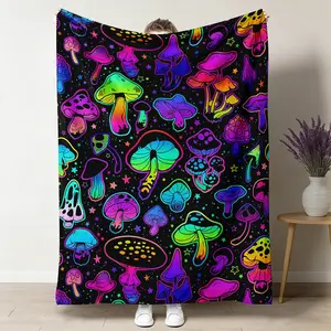 Neon Trippy Mushroom Flannel Throw Blanket, Ultra-Soft Plush Throw with Vibrant Psychedelic Print, Cozy Warm Fleece for Couch & Bedroom, Ideal Gift for Hippie Lovers, All-Season Use, Throw Blankets, Blankets For Bedroom
