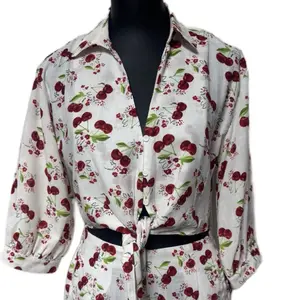 Cherry Blouse - Button-Up Casual Top with Cherry Pattern, Button Front, Short Sleeves, Suitable for Various Occasions - Shirts