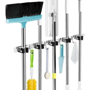 Mop and Broom Holder Wall Mount with 5 Racks & 4 Hooks, Self Adhesive Broom Organizer for Kitchen Bathroom Laundry Garage, Heavy Duty Stainless Steel Cleaning Tool Storage Rack Non Slip Design