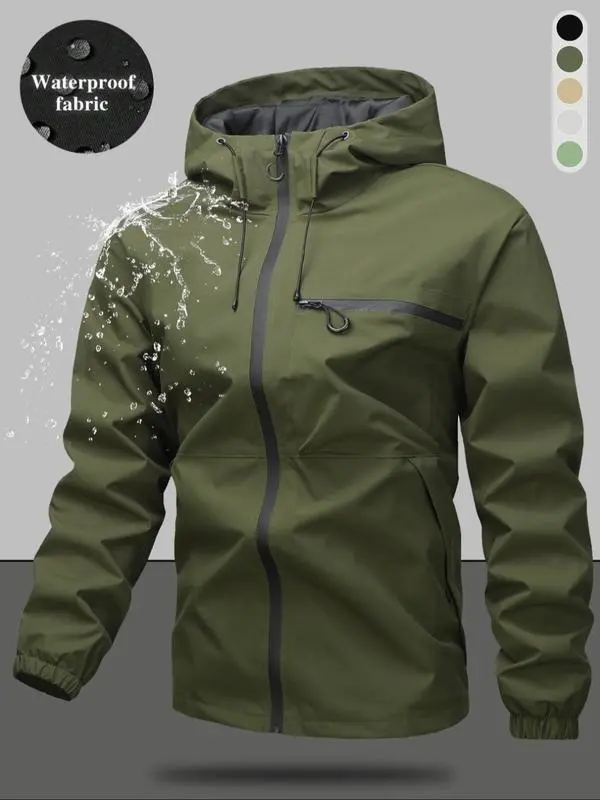 Weatherproof Men's Plain Hooded Long Sleeve Coat - Waterproof, Windproof, Drawstring Closure, Zippered Pockets - Ideal for Outdoor Activities, Casual Wear, Weatherproof Men's Jackets