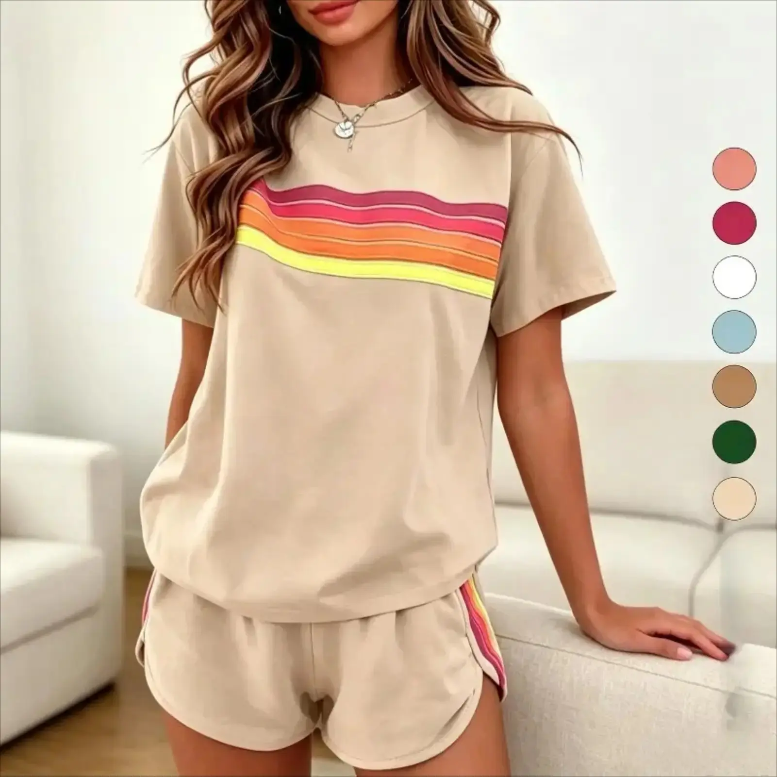 【Summervibes】Rainbow Striped 2Pcs Women Casual Tracksuit, Loose Slim Sporty Outfit, Soft Breathable Elastic Activewear Set, Trendy All-match Ladies Clothing for Summer Vacation Indoor Outdoor Daily Casual Street Wear, 2 Piece Sets, Sets For Women