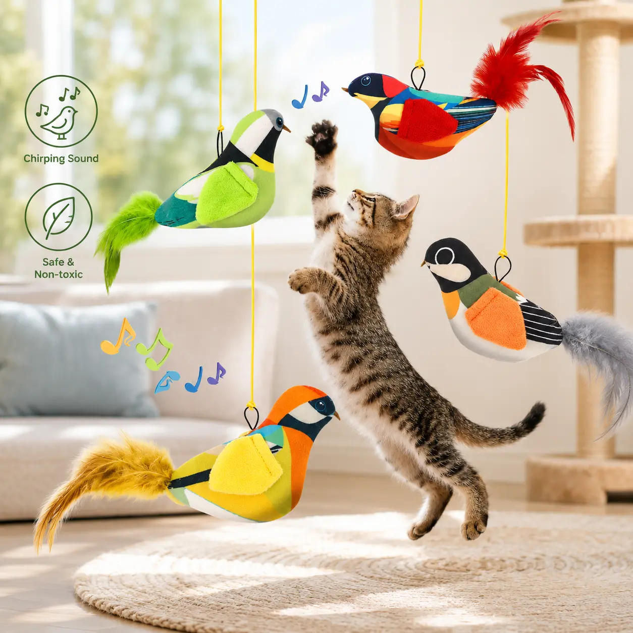 Hanging Bird Cat Toy with Sound and Catnip, Realistic Chirping Teaser Toy for Indoor Cats, Durable Safe Material, Keeps Cats Active, Engaged and Entertained at Home