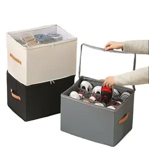 Foldable Shoe Organizer Box with Clear Lid, Stackable Fabric Shoe Storage Container for Closet, Adjustable Dividers Fits Sneakers & Heels, Gray