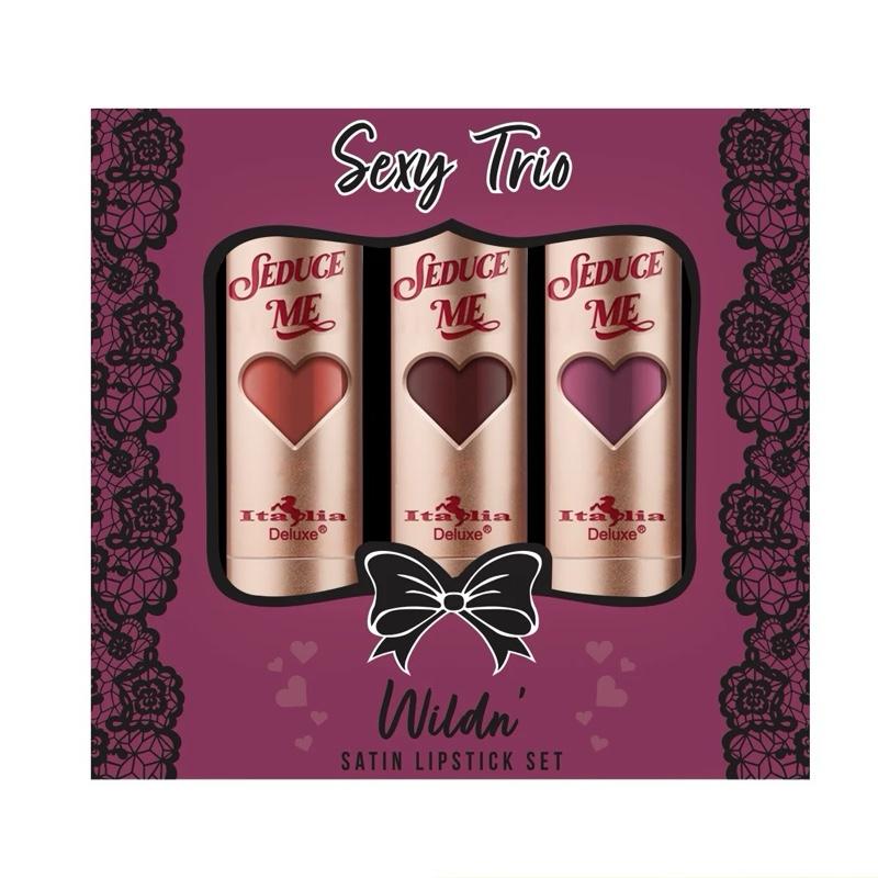 Italia Deluxe Sexy Trio Satin Lipstick Sets - Lingerie, First Date, Wildin, In Love, Satin Lipsticks with Cocoa Butter Scent for Smooth Application